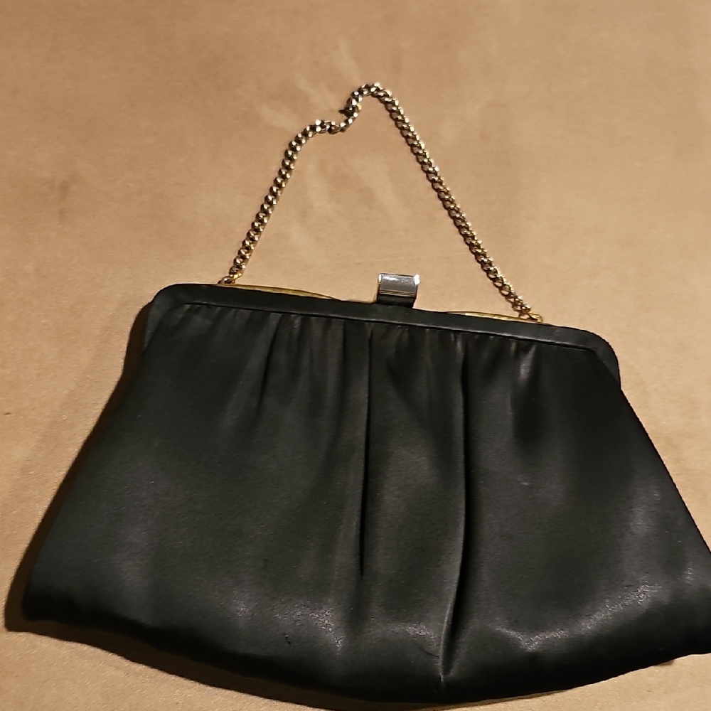VINTAGE Purse Evening Satin Black Gold Chain Clutch Dance Party